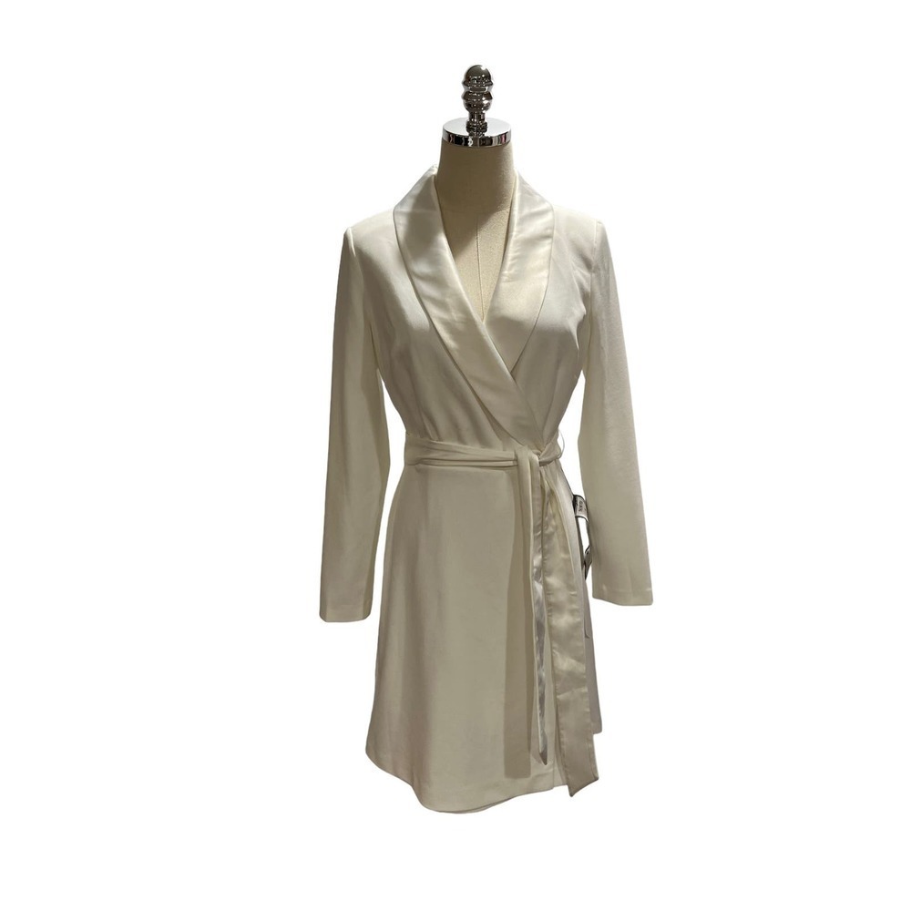 ADRIANNA PAPELL Ivory Crepe Satin Stretch Long Sleeve Faux-Wrap Dress US Sz 6